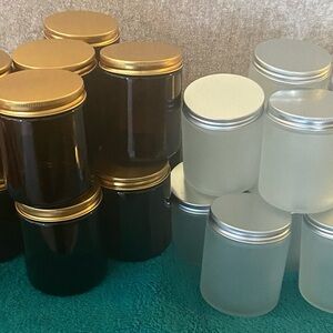 12 9oz Amber or 12 9oz Frosted Glass Jars with Gold or Silver Lids